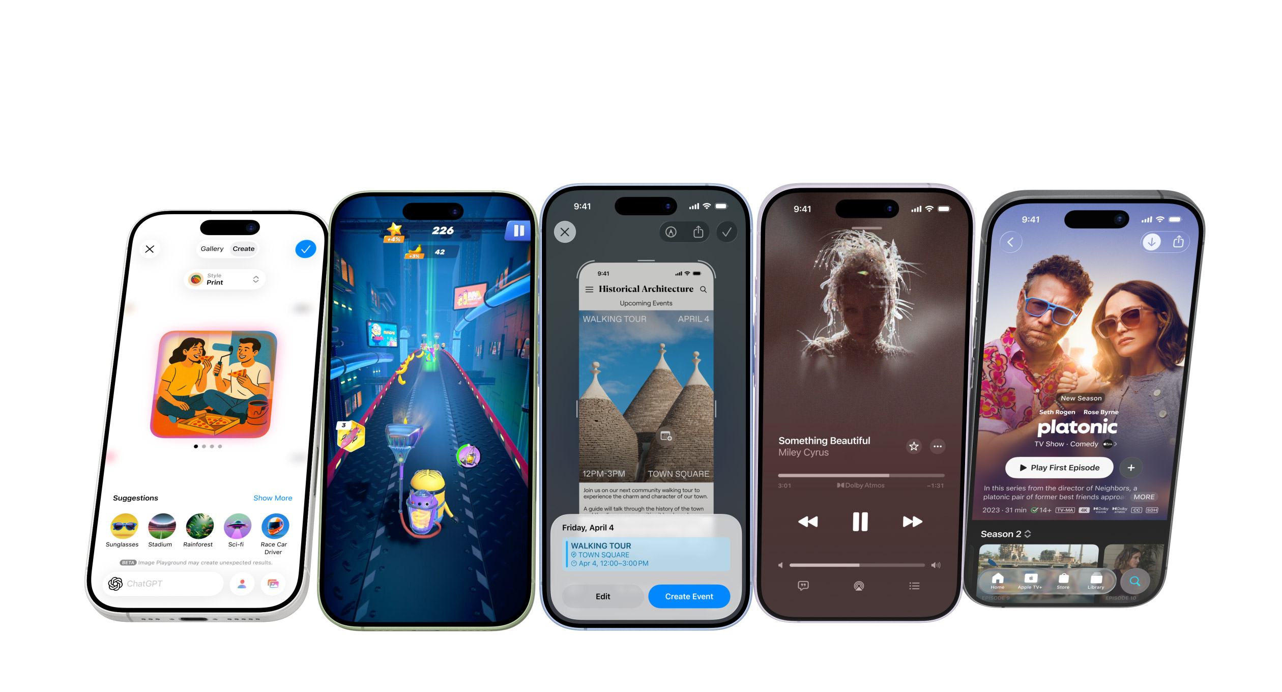 iPhone 17 battery power showcasing multiple screens for gaming, Apple TV, music, AI features, and travel use
