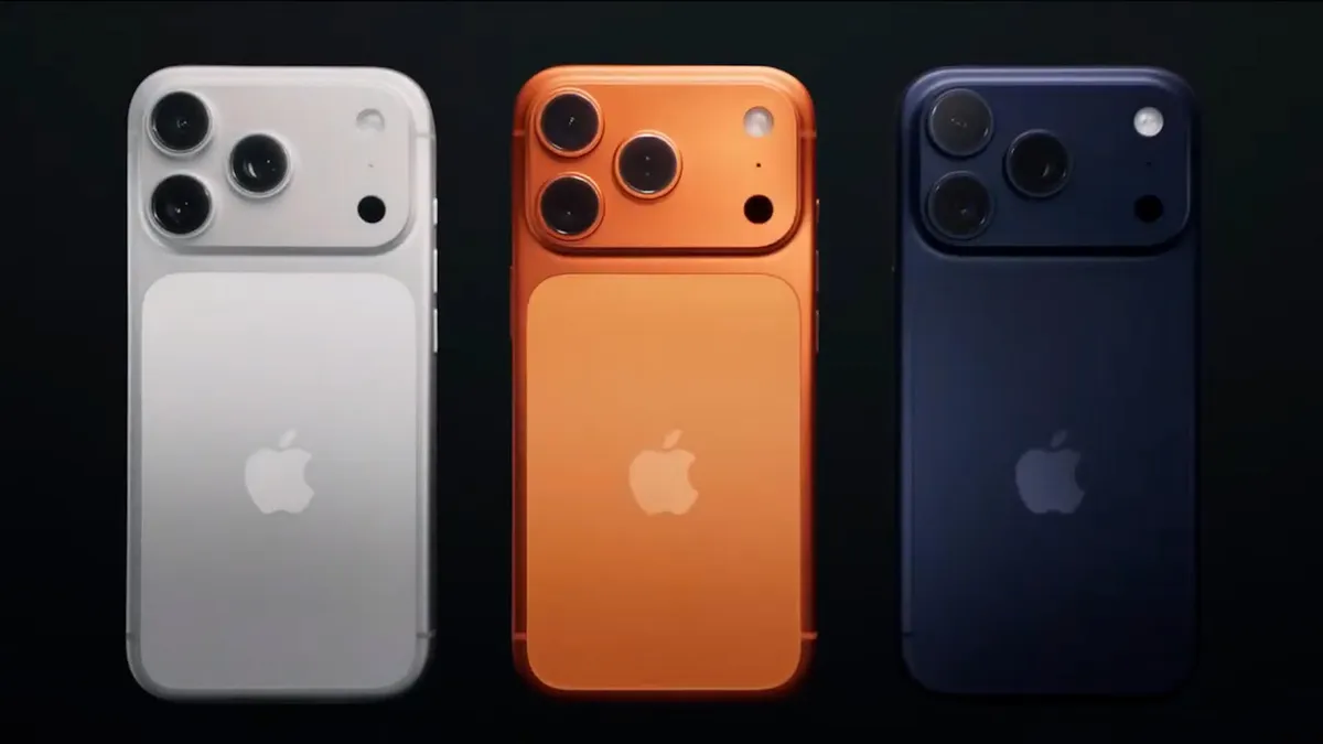 Apple iPhone 17 Pro in all three colors Silver, Cosmic Orange, and Deep Blue highlighting premium design