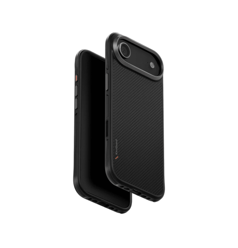 Uniq Keva Tough Aramid protective case for iPhone 17 in Carbon Black.